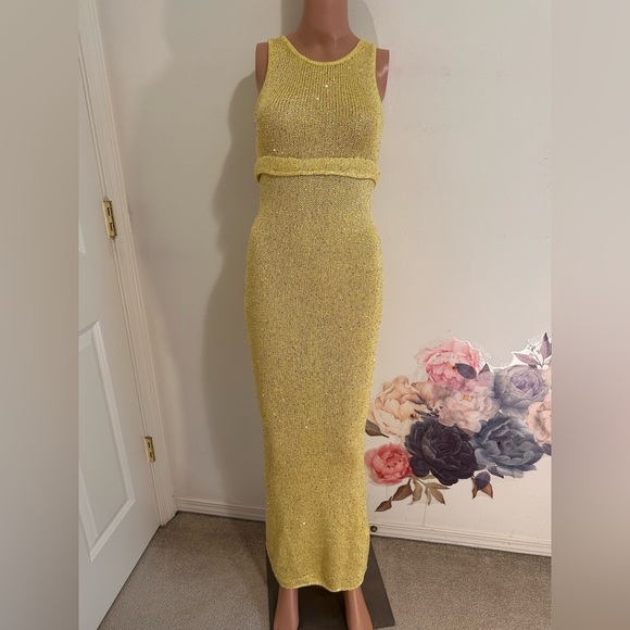 Asta Resort Natalia Dress - Chartreuse Sequins yellow green sheer maxi bodycon - Picture 2 of 6